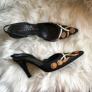 richard tyler satin floral embroidered slingbacks